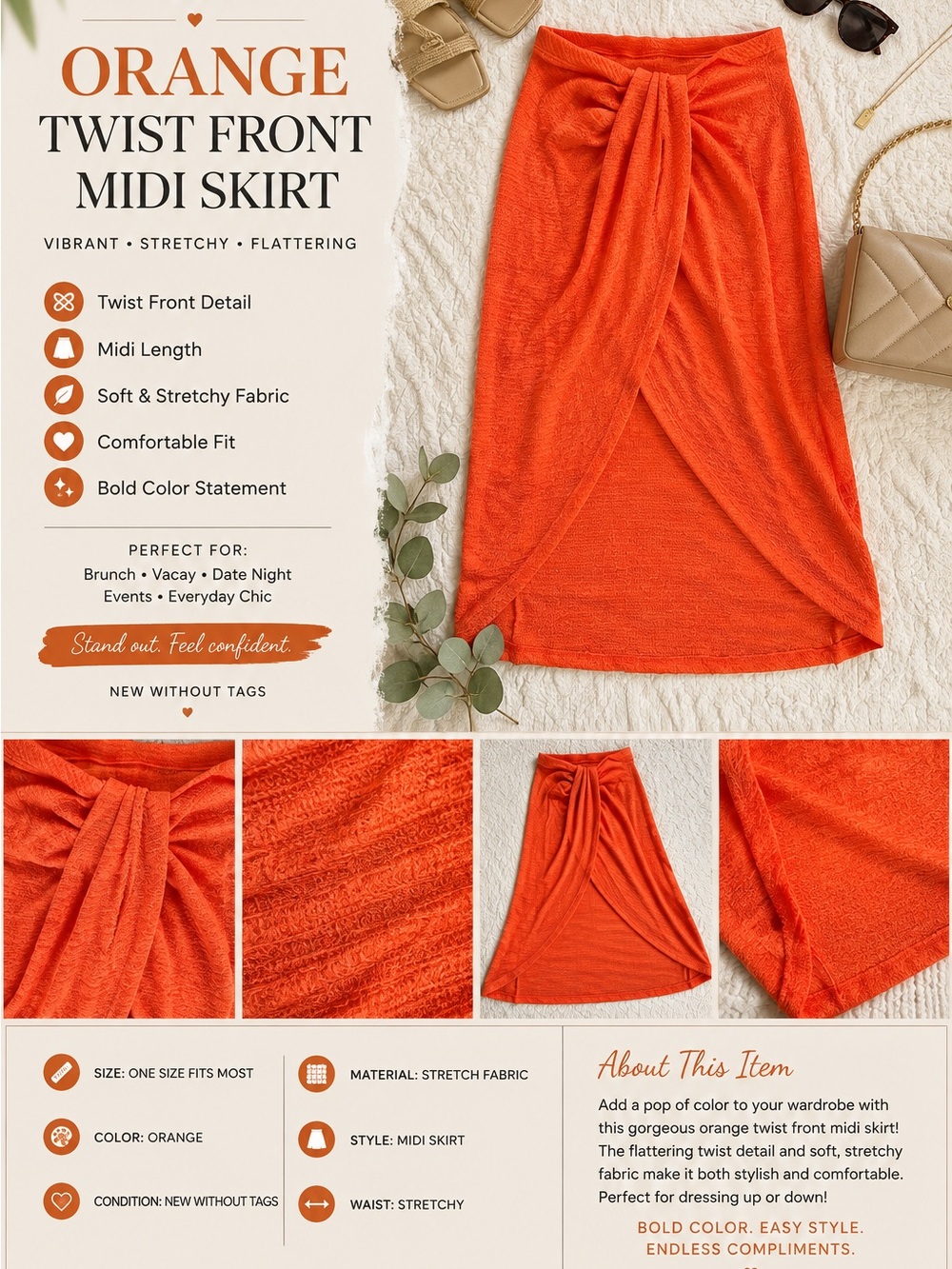 Orange Twist Front Midi Skirt - Bold Orange
